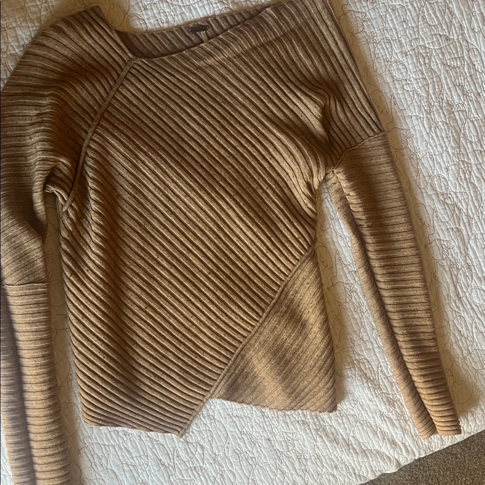 Free People Off-the-Shoulder Ribbed Sweater in Tan